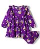 Babyhug Single Jersey Knit Full Sleeves Frock with Bloomer with Floral Print Frill Detailing & Bow Applique - Purple