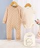 Kookie Kids Interlock Knit Full Sleeves Leaves Printed Romper & Onesie with Bib - Multicolor