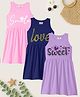 KUCHIPOO Cotton Knit Pack Of 3 Sleeveless Hearts & Typography Printed Dresses - Blue Pink & Purple