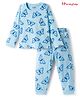 Honeyhap Premium 100% Cotton Knit Full Sleeves Co-ords Night Suit With Bio Finish & Butterfly Print - Ice Water