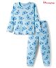 Honeyhap Premium 100% Cotton Knit Full Sleeves Co-ords Night Suit With Bio Finish & Butterfly Print - Ice Water