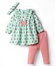 WOW Clothes Looper Knit Full Sleeves Top Leggings & Headband with Floral Print & Bow Applique - Aqua Blue