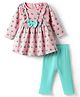 WOW Clothes Looper Knit Full Sleeves Top Leggings & Headband with Floral Print & Bow Applique - Pink