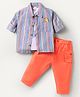 WOW Clothes Sinker Knit Full Sleeves Striped Shirt & Trouser Set With T-Shirt & Dino Print - Blue