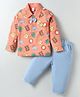 WOW Clothes Looper Knit Full Sleeves Polo T-Shirt & Trouser Set With Animal Print - Peach