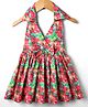 Babyhug 100% Cotton Sleeveless Halter Neck Floral Printed Dress With Bow Applique - Multi Colour