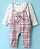 WOW Clothes Interlock Knit Checkered Dungaree with Full Sleeves Inner Tee & Polka Dots Print - Pink