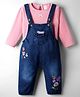 WOW Clothes Cotton Knit Dungarees with Full Sleeves Inner Tee & Floral Embroidery - Pink