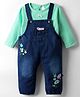 WOW Clothes Cotton Knit Dungarees with Full Sleeves Inner Tee & Floral Embroidery - Green