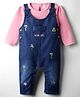 WOW Clothes Cotton Knit Dungarees with Full Sleeves Inner Tee & Floral Embroidery - Pink