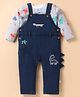 WOW Clothes Knitted Full Sleeves Dungarees & T-shirt with Dino Embroidery- Navy Blue