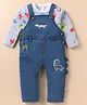 WOW Clothes Knitted Full Sleeves Dungarees & T-shirt with Dino Embroidery- Blue