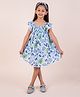 Snuggly MONKEY 100% Cotton Woven Half Sleeves Floral & Pineapples Printed Smocked Dress With Coordinating Headband - Blue