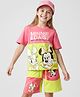 HoneyHap Disney Single Jersey Knit Drop Shoulder Half Sleeves T-Shirt & Shorts Set with Minnie & Friends Graphics - Pink
