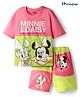 HoneyHap Disney Single Jersey Knit Drop Shoulder Half Sleeves T-Shirt & Shorts Set with Minnie & Friends Graphics - Pink