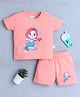BUMZEE Cotton Knit Half Sleeves Mermaid Printed Tee & Coordinating Shorts Set - Peach