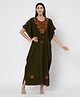 KOI SLEEPWEAR Lizzy Bizzy Cotton Knit Half Batwing Sleeves Floral Embroidered Maternity Kaftan Dress - Olive Green