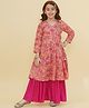 Bitiya By Bhama Cotton Woven Three Fourth Sleeves Floral Printed Gota Lace Embellished Anarkali Style Kurta Palazzo Set - Peach