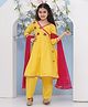 Bitiya By Bhama Cotton Woven Three Fourth Sleeves Floral Embroidered Gota Lace Embellished Anarkali Style Kurta & Pant With Dupatta Set - Yellow