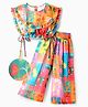 OLLINGTON ST. Georgette Tropical Theme Printed Frill Sleeves Top & Pants Set - Multicolor