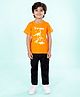 Kiddopanti Cotton Knit Half Sleeves Dinosaur Printed Tee & Denim Jeans - Orange & Black