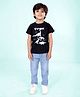 Kiddopanti Cotton Knit Half Sleeves Dinosaur Printed Tee & Denim Jeans - Black & Light Blue