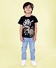 Kiddopanti Cotton Knit Half Sleeves Dinosaur Printed Tee & Denim Jeans - Black & Light Blue
