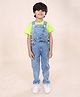 Kiddopanti Denim Knit Mild Washed Dungaree With Cotton Half Sleeves Mini Monster Printed Tee Set - Neon Green & Blue