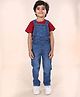 Kiddopanti Denim Knit Mild Washed Dungaree With Cotton Half Sleeves Mini Monster Printed Tee Set - Maroon & Blue