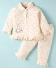 CUCUMBER Sinker Knit Full Sleeves Co-Ord Night Suit with Floral Kangaroo Print & Frill Detailing - Cream
