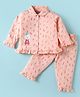 CUCUMBER Sinker Knit Full Sleeves Co-Ord Night Suit with Duckling Print & Frill Detailing - Peach