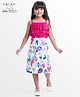 Arias Cotton Knit  Sleeveless Ruffle Detailing Top & Button Placket Floral Skirt Set With Belt - Dark Pink