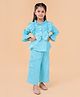 Nature Nook Kids Cotton Woven Three Fourth Bell Sleeves Bow Applique Detailed Top & Palazzo Set - Ocean Blue