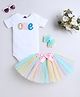 TINY MINY MEE Elastane Woven Half Sleeves One Text Embroidered Onesie With Shimmered Tutu Skirt & Headband - Multi Colour