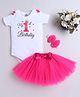 TINY MINY MEE Elastane Woven Birthday Theme Half Sleeves My 1st Birthday Text Printed Onesie With Shimmered Tutu Skirt & Headband - Multi Colour