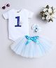 TINY MINY MEE Elastane Woven Half Sleeves One & Snowflakes Printed Onesie With Shimmered Tutu Skirt & Headband - Blue