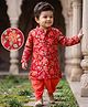 EARTHY TOUCH Cotton Woven Full Sleeves Kurta Dhoti Set With Floral Print - Red