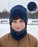 Pine Kids Knit Solid Woollen Cap & Muffler Navy Blue - Diameter 16 cm