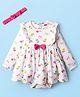 Babyhug 100% Cotton Single Jersey Knit Full Sleeves Frock Style Onesie with Headband Frill Detailing Bow Applique & Floral Print - White
