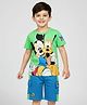 Babyhug Disney Single Jersey Knit Half Sleeves T-Shirt & Shorts Set with Mickey Mouse Graphics & Badge Detailing - Blue & Green