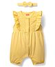 Babyhug 100% Cotton Single Jersey Knit Frill Sleeves Schiffli Romper with Bow Headband - Yellow