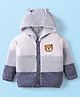 Babyhug Knit Full Sleeves Fur Lined Hooded Front Open Sweater with Color Blocks & Bear Patch - Blue