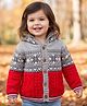 Babyhug Knit Full Sleeves Hooded Front Open Sweater with Aztec Design - Red & Grey