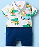 Babyhug 100% Cotton Interlock Knit Romper With Dino Print - Blue & White