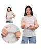 Mama & Bebe Soft Cotton Knit Half Sleeves Leaves Printed Maternity Tee With Front Open Two Layer Lift Nursing Access - Grey