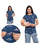 Mama & Bebe Soft Cotton Knit Half Sleeves Floral Printed Maternity Tee With Front Open Two Layer Lift Nursing Access - Navy Blue