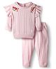 Bonfino 100% Cotton Knit Full Sleeves Sweater & Pant Set with Frill & Embroidery Detailing -  Pink
