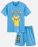 Nap Chief Pure Cotton Knit Pokemon Featuring Half Sleeves Pikachu Printed Tee & Coordinating Shorts Set - Sky Blue
