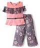 Enfance Core Cotton Knit Cold Shoulder Sleeves Floral Printed Frill Detailed Top & Palazzo Set - Grey