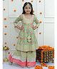 Ka-mee Cotton Woven Three Fourth Sleeves Floral Printed & Gota Lace Embellised Kurta Sharara Set - Green